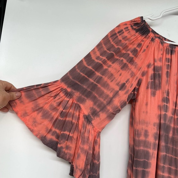North Shore Tie Dye Ruffle Blouse Women's Size M Orange Bell Sleeve Y2K Flowy - Picture 3 of 6